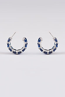White Finish Blue Synthetic Stone Hoop Earrings