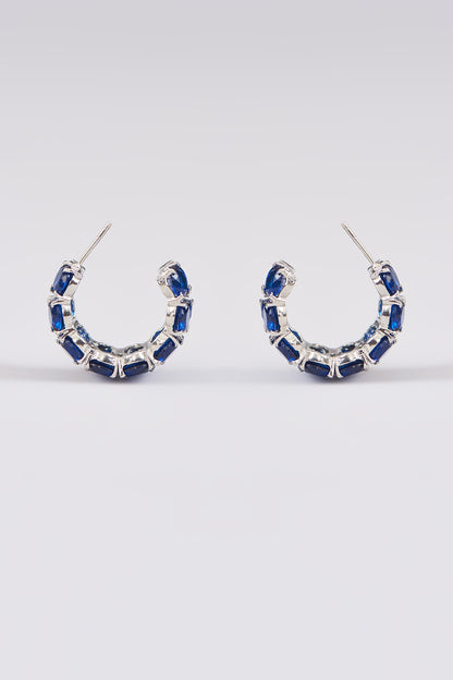 White Finish Blue Synthetic Stone Hoop Earrings