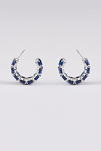 White Finish Blue Synthetic Stone Hoop Earrings