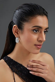 White Finish Synthetic Stone Hoop Earrings