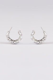 White Finish Synthetic Stone Hoop Earrings