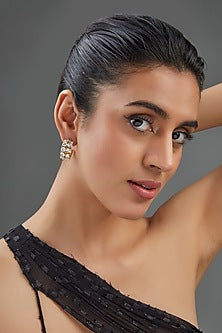 Gold Finish White Synthetic Stone Hoop Earrings
