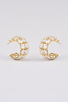 Gold Finish White Synthetic Stone Hoop Earrings