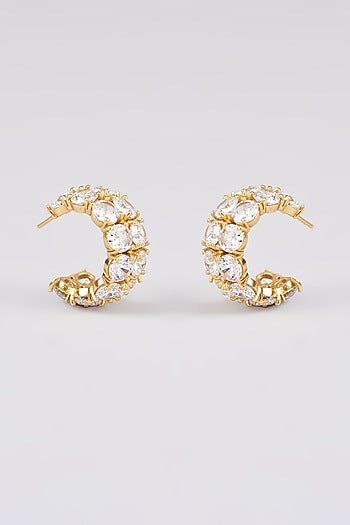 Gold Finish White Synthetic Stone Hoop Earrings