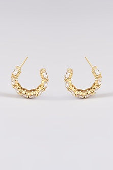 Gold Finish White Synthetic Stone Hoop Earrings