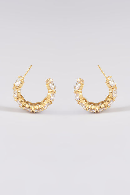 Gold Finish White Synthetic Stone Hoop Earrings