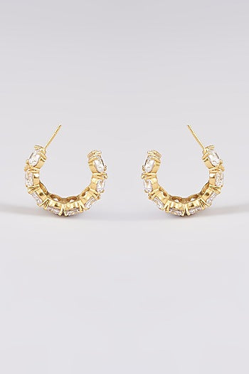 Gold Finish White Synthetic Stone Hoop Earrings