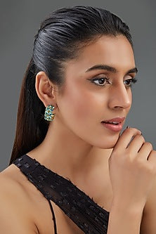 Gold Finish Aqua Synthetic Stone Hoop Earrings