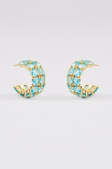 Gold Finish Aqua Synthetic Stone Hoop Earrings