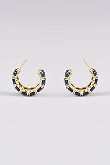 Gold Finish Blue Synthetic Stone Hoop Earrings