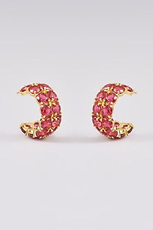 Gold Finish Ruby Synthetic Stone Hoop Earrings