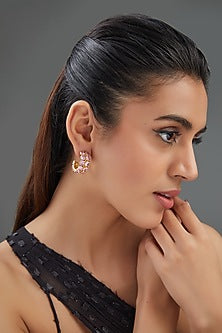 Gold Finish Pink Synthetic Stone Hoop Earrings