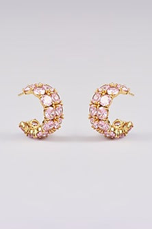 Gold Finish Pink Synthetic Stone Hoop Earrings
