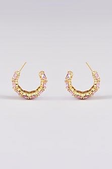 Gold Finish Pink Synthetic Stone Hoop Earrings