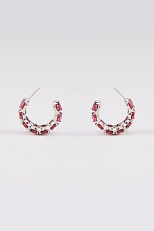 White Finish Ruby Synthetic Stone Hoop Earrings