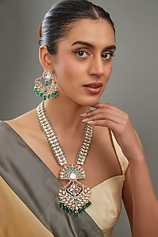 Gold Finish Kundan Polki & Green Stone Long Necklace Set