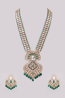 Gold Finish Kundan Polki & Green Stone Long Necklace Set