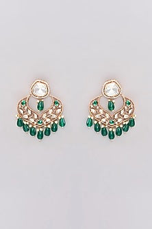 Gold Finish Kundan Polki & Green Stone Long Necklace Set
