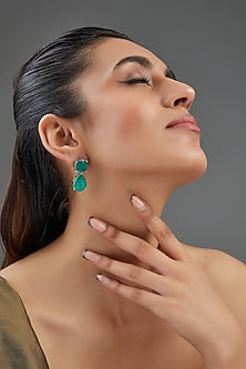 White Finish Emerald Green Doublet Stone Dangler Earrings