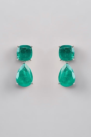 White Finish Emerald Green Doublet Stone Dangler Earrings