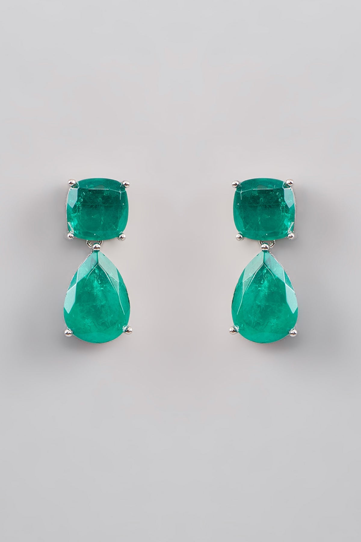 White Finish Emerald Green Doublet Stone Dangler Earrings