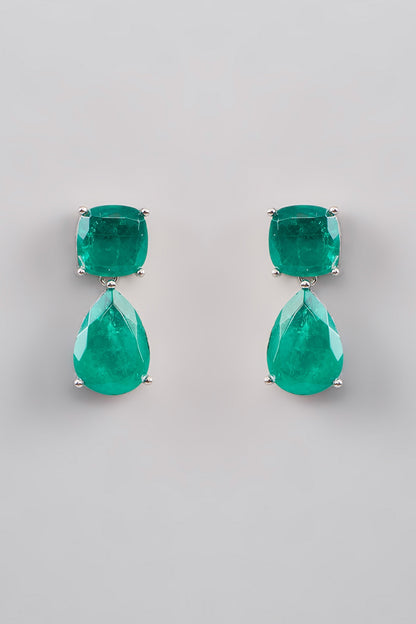 White Finish Emerald Green Doublet Stone Dangler Earrings