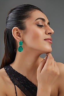 White Finish Emerald Green Doublet Stone Dangler Earrings