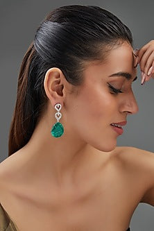 White Finish Zircon & Emerald Green Doublet Stone Dangler Earrings