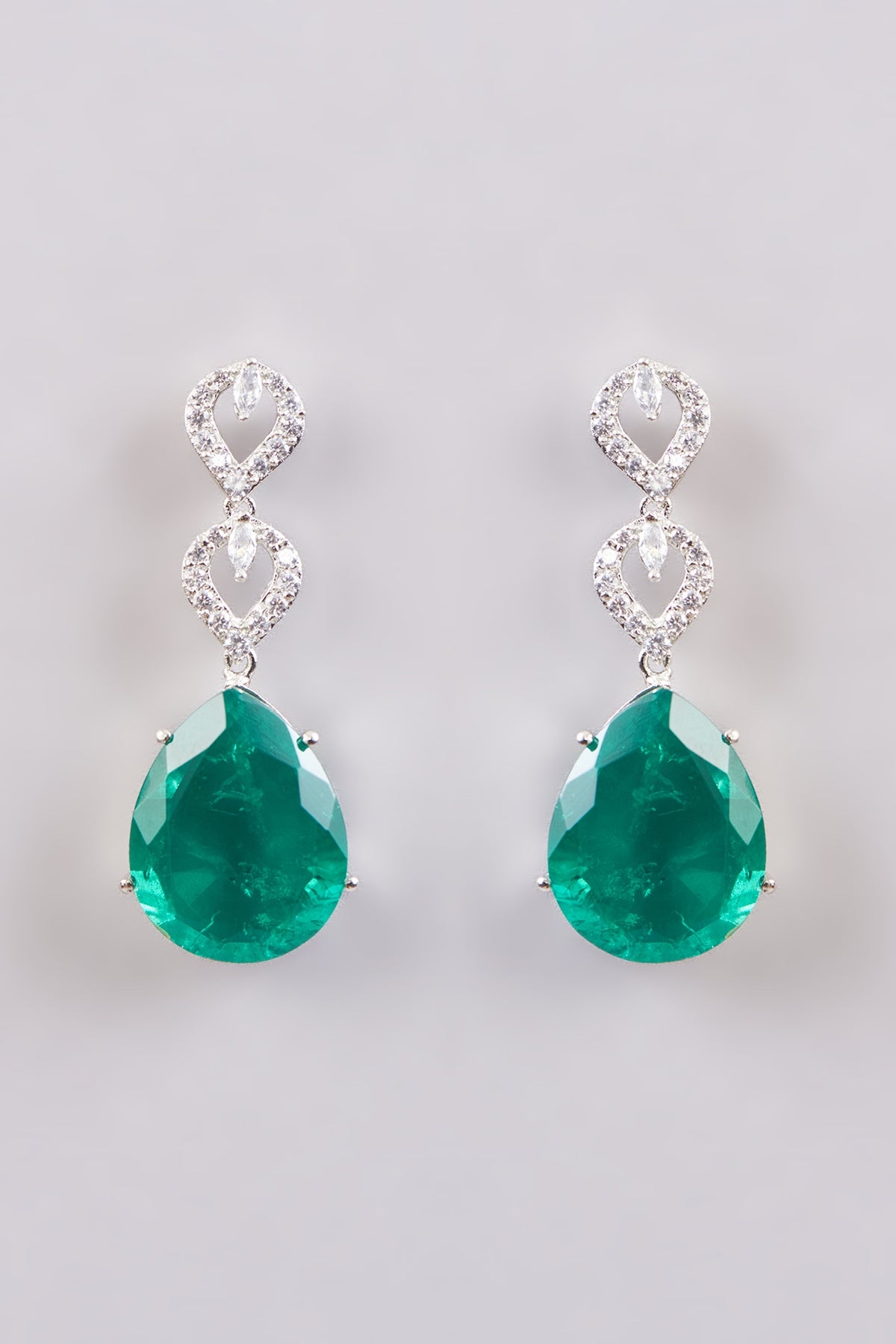 White Finish Zircon & Emerald Green Doublet Stone Dangler Earrings