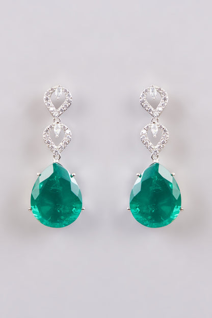 White Finish Zircon & Emerald Green Doublet Stone Dangler Earrings