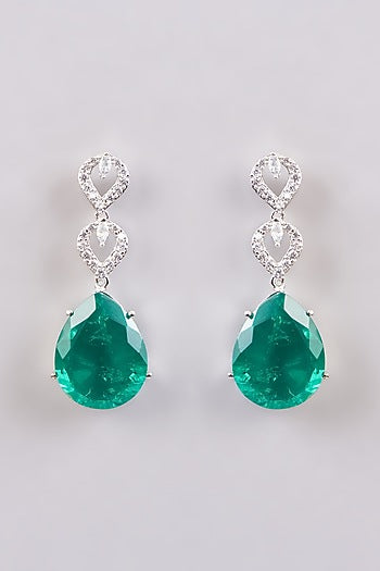 White Finish Zircon & Emerald Green Doublet Stone Dangler Earrings