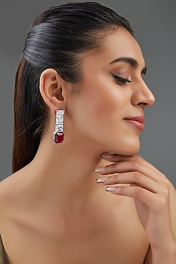 White Finish Zircon & Ruby Stone Dangler Earrings