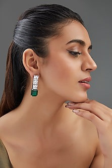White Finish Zircon & Emerald Stone Dangler Earrings