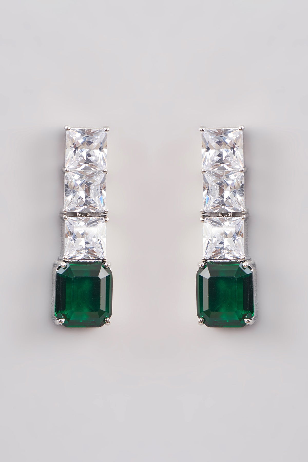 White Finish Zircon & Emerald Stone Dangler Earrings