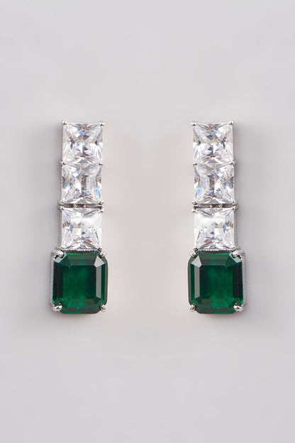 White Finish Zircon & Emerald Stone Dangler Earrings