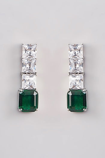 White Finish Zircon & Emerald Stone Dangler Earrings
