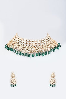 Gold Finish Kundan Polki & Green Stone Choker Necklace Set