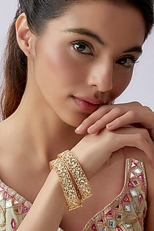 Gold Finish Kundan Polki Bangles (Set of 2)