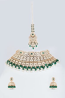 Gold Finish Kundan Polki & Green Beaded Choker Necklace Set