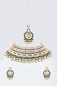 Gold Finish Green Kundan Polki Choker Necklace Set