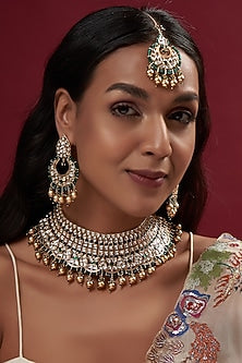 Gold Finish Green Kundan Polki Choker Necklace Set