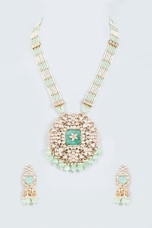 Gold Finish Kundan Polki & Mint Beaded Long Necklace Set