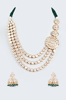 Gold Finish Kundan Polki & Green Beaded Long Necklace Set