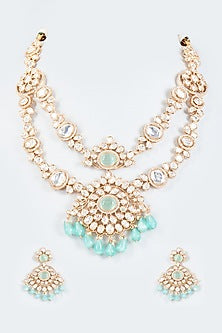 Gold Finish Kundan Polki & Mint Stone Long Necklace Set