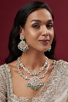 Gold Finish Kundan Polki & Mint Stone Long Necklace Set