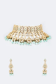 Gold Finish Mint Kundan Polki Choker Necklace Set