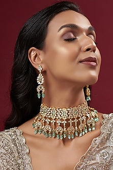 Gold Finish Mint Kundan Polki Choker Necklace Set