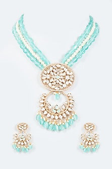 Gold Finish Kundan Polki & Aqua Beaded Long Necklace Set