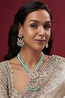 Gold Finish Kundan Polki & Aqua Beaded Long Necklace Set