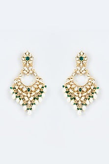 Gold Finish Kundan Polki & Green Stone Dangler Earrings